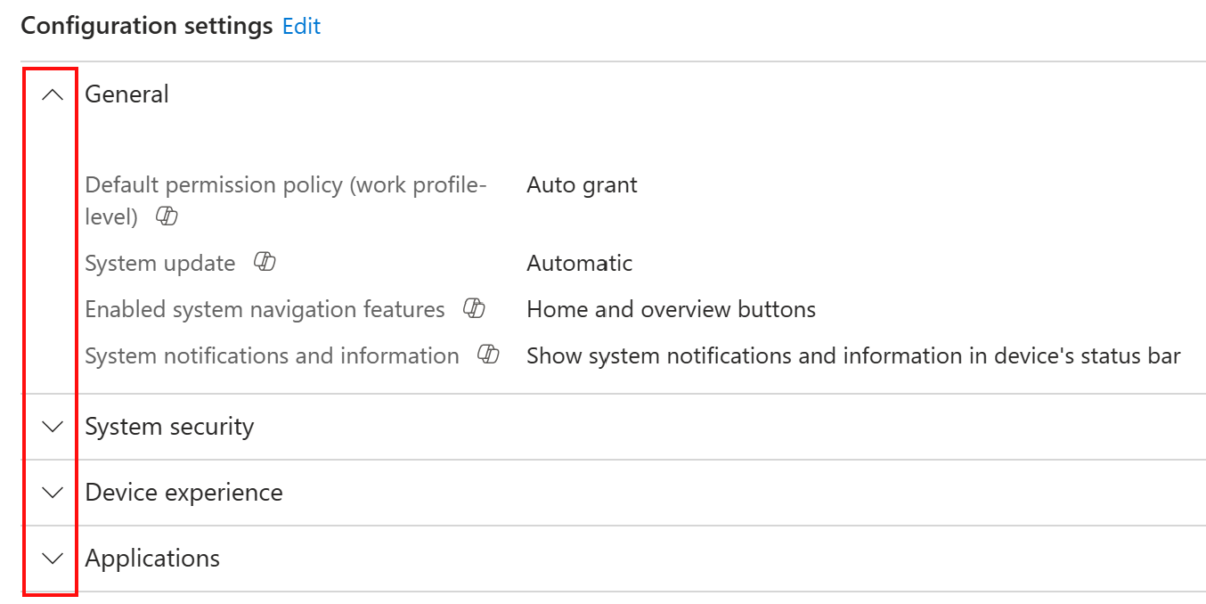 Recorte de pantalla que muestra cómo expandir una categoría para ver la información sobre herramientas de Copilot en Microsoft Intune y el Centro de administración de Intune.