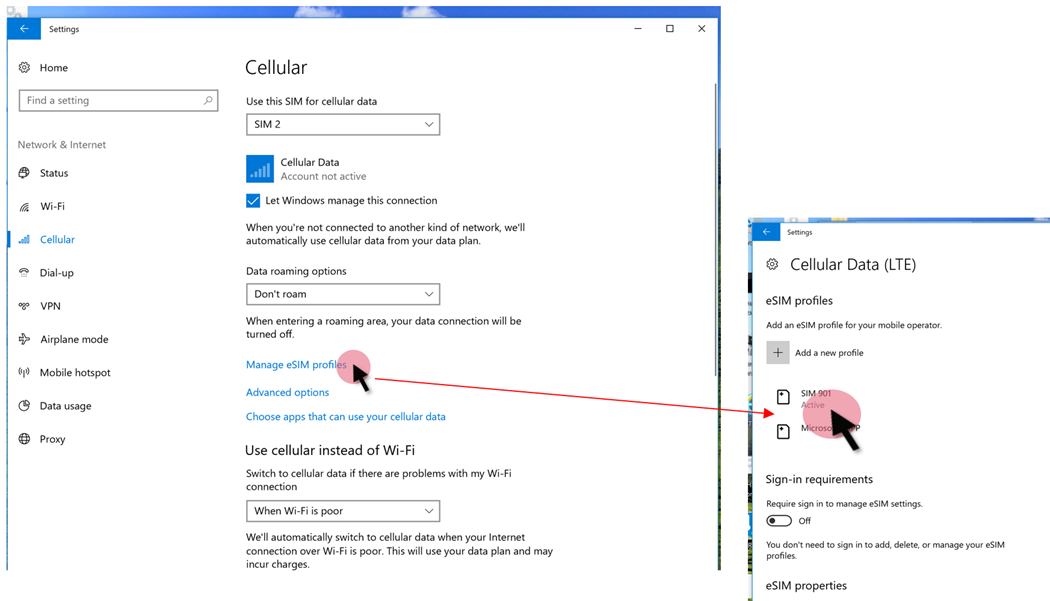 Ver los perfiles de eSIM en la configuración del dispositivo.