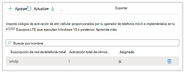 El grupo de suscripciones de telefonía móvil se denomina con el nombre del archivo .csv de código de activación de ejemplo.