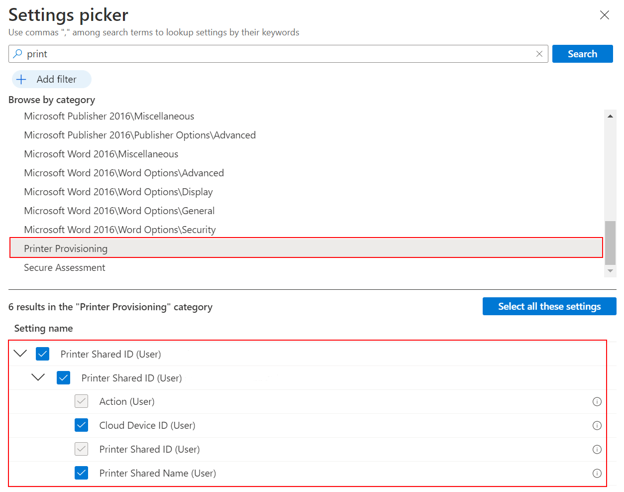 Captura de pantalla que muestra cómo seleccionar el aprovisionamiento de impresoras en el catálogo de configuración para crear una directiva de impresión universal en Microsoft Intune y el Centro de administración de Intune.