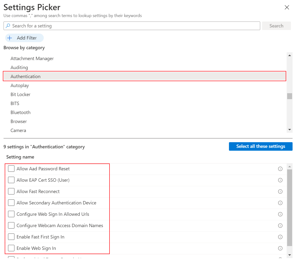 Captura de pantalla que muestra el catálogo de configuración al seleccionar Windows y autenticación en Microsoft Intune y el Centro de administración de Intune.