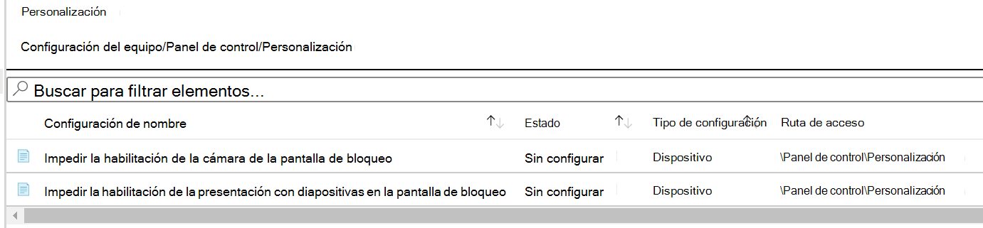 Captura de pantalla que muestra la ruta de acceso de configuración de directiva de personalización en Microsoft Intune.