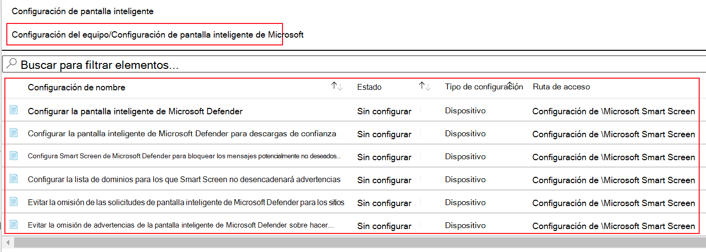 Captura de pantalla que muestra cómo ver la configuración de directiva de SmartScreen de Microsoft Edge en plantillas ADMX en Microsoft Intune.