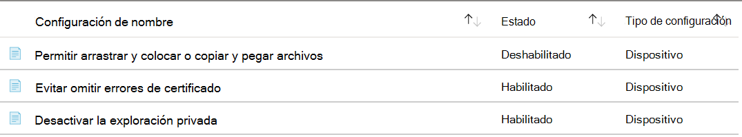 Captura de pantalla que muestra que la configuración de ADMX configurada se muestra en la parte superior de Microsoft Intune.