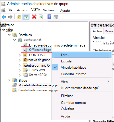 Captura de pantalla que muestra cómo hacer clic con el botón derecho en la directiva de grupo ADMX de Office y Microsoft Edge local y seleccionar Editar.