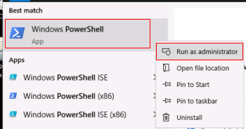 Captura de pantalla que muestra cómo ejecutar Windows PowerShell como administrador.