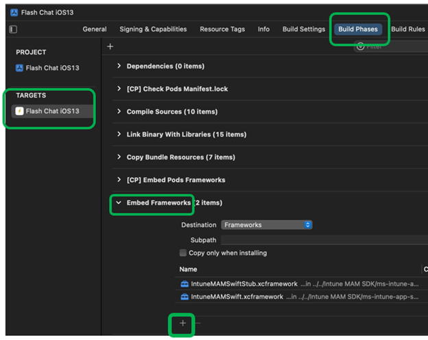 Captura de pantalla que muestra la inserción de marcos en Xcode en un dispositivo macOS.