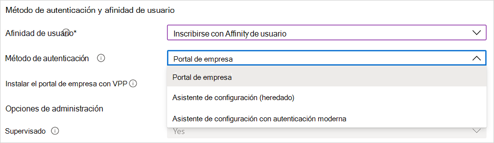 Captura de pantalla de las opciones del método de autenticación.