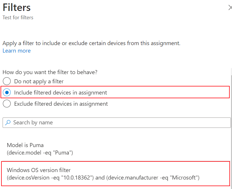 Captura de pantalla que muestra cómo incluir el filtro al asignar una directiva en Microsoft Intune.