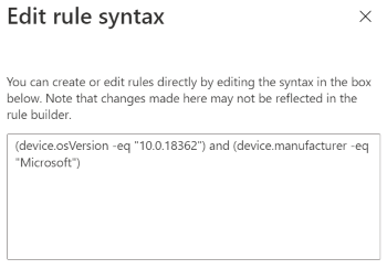 Captura de pantalla que muestra cómo usar el generador de expresiones para escribir la sintaxis de la regla en Microsoft Intune.