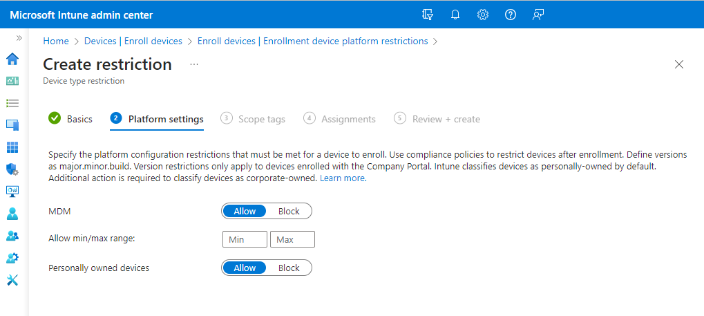 Página Restricciones de configuración de la plataforma.