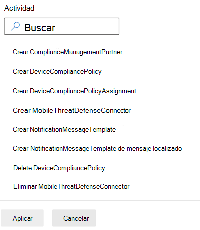 Filtre los registros de auditoría por categoría de cumplimiento y seleccione una actividad en Microsoft Intune y el Centro de administración de Intune.