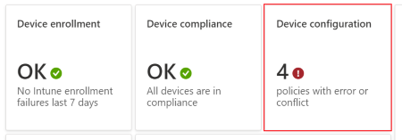 En el panel, seleccione directivas con errores o conflictos para ver los errores o conflictos con los perfiles de configuración de dispositivos en Microsoft Intune y el Centro de administración de Intune.