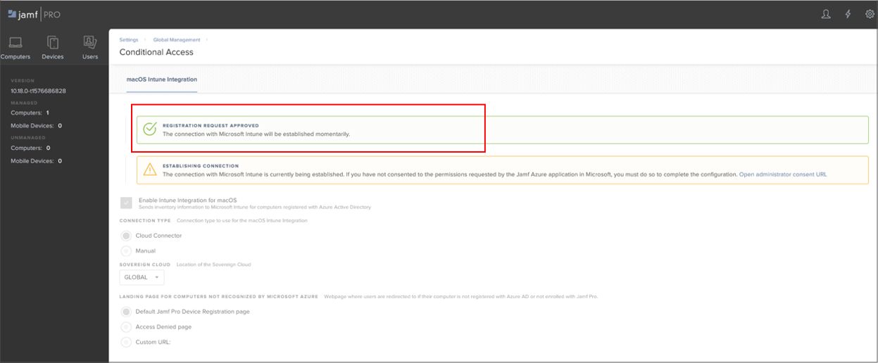 Configuración satisfactoria confirmada en Jamf Pro