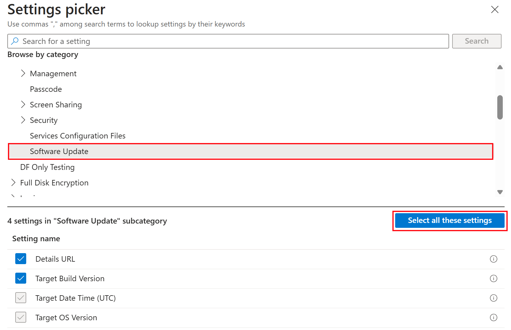 Captura de pantalla que muestra la configuración de actualización de software del catálogo de configuración para dispositivos Apple en Microsoft Intune.