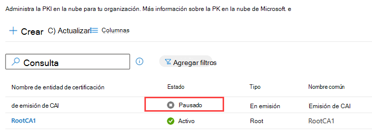 Captura de pantalla de ejemplo en la que se resalta la columna Estado de la tabla de CA.