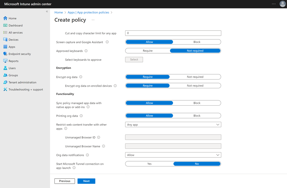 Captura de pantalla de la configuración de una configuración de directiva de protección de aplicaciones para usar Tunnel en el inicio de la aplicación.