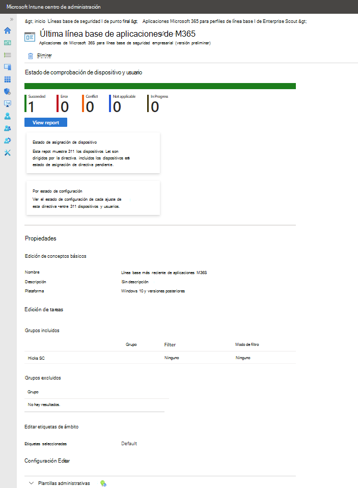 Vea el panel para ver un perfil de línea base de seguridad.