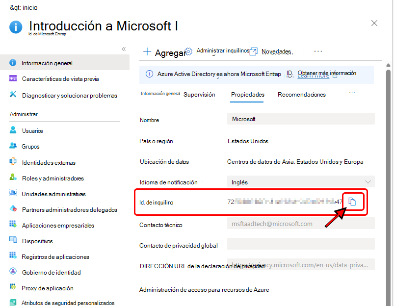 Imagen que muestra el identificador de inquilino en el Azure Portal