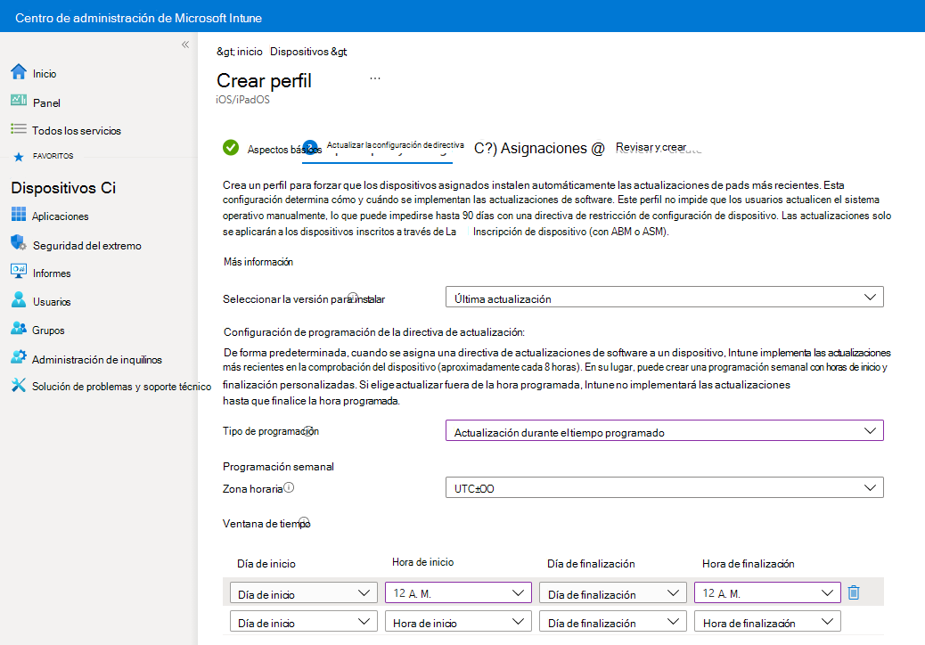 Captura de pantalla que muestra la selección de instalar una actualización durante la hora programada en una directiva de actualización en Microsoft Intune.