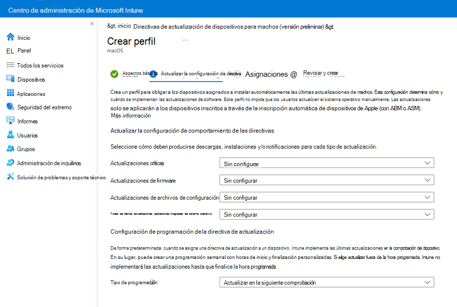 Captura de pantalla de la página Actualizar configuración de directiva.