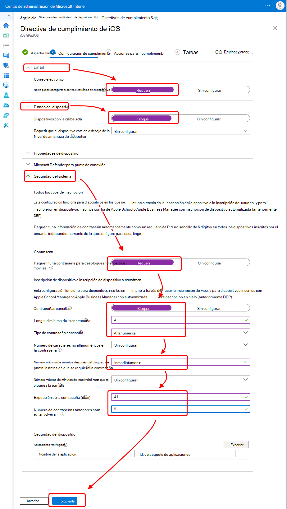 Configuración de la directiva de cumplimiento de iOS.