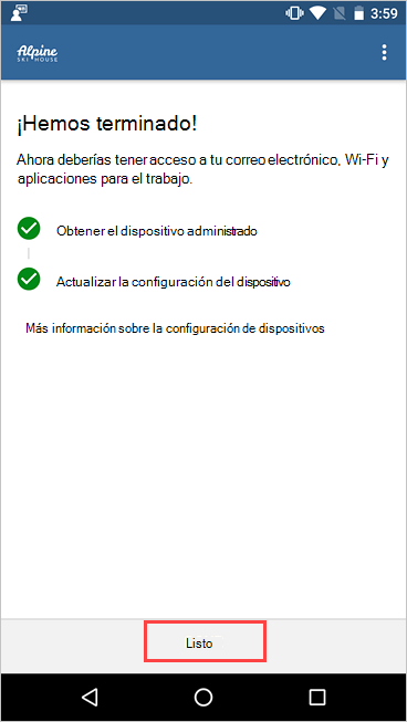 Captura de pantalla de Portal de empresa, pantalla Configuración de acceso a la empresa, en la que se muestra la configuración completada y el resaltado del botón Listo.