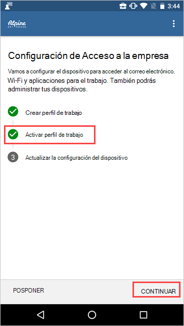 Captura de pantalla del programa de instalación de acceso de empresa que muestra que el perfil de trabajo está activo.