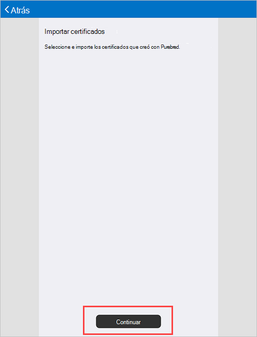 Captura de pantalla de ejemplo de la pantalla Establecer certificados de importación de Portal de empresa.