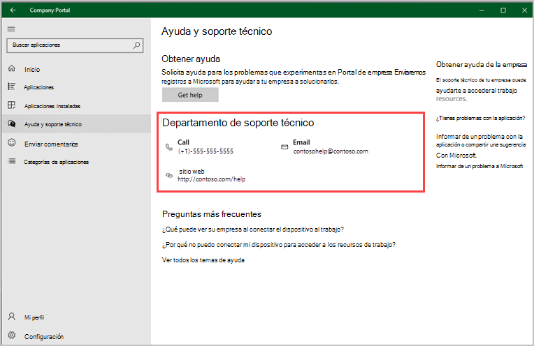 Captura de pantalla de la aplicación Portal de empresa para Windows, página Ayuda & Soporte técnico, resaltando la sección Departamento de soporte técnico.