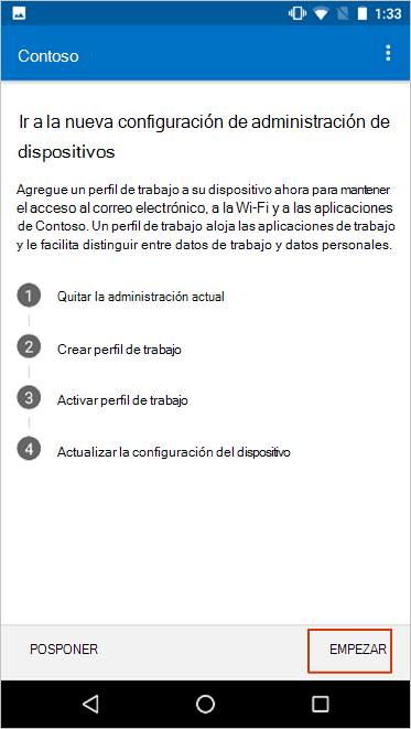 La pantalla Mover a la nueva configuración de administración de dispositivos, resaltando el botón comenzar.