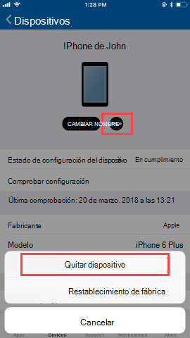 Captura de pantalla de la pantalla Dispositivos de Portal de empresa aplicación, en la que se muestran las opciones después de que el usuario haya hecho clic en Quitar. Muestra el botón 