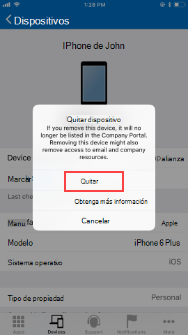 Captura de pantalla de la pantalla Dispositivos de Portal de empresa aplicación, en la que se muestran las opciones después de que el usuario haya hecho clic en el botón Quitar dispositivo. Muestra el botón rojo resaltado 