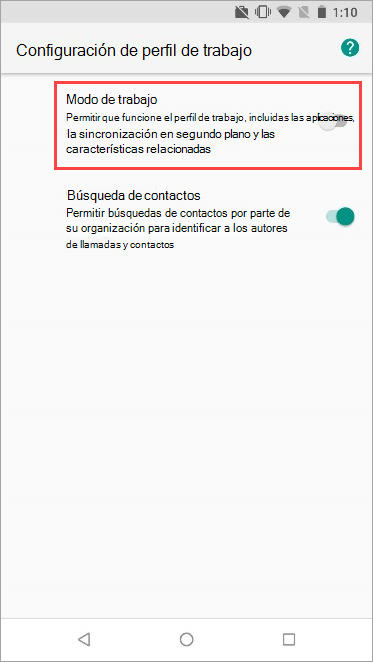 Captura de pantalla del conmutador de alternancia perfil de trabajo activado en la configuración del dispositivo Nexus 5X.