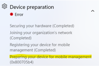 Página de estado de inscripción de Autopilot, error de preparación del dispositivo 800705b4.