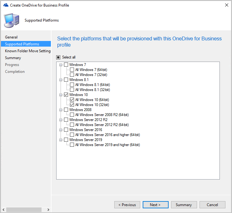 Selección de plataformas para el perfil de OneDrive para la Empresa