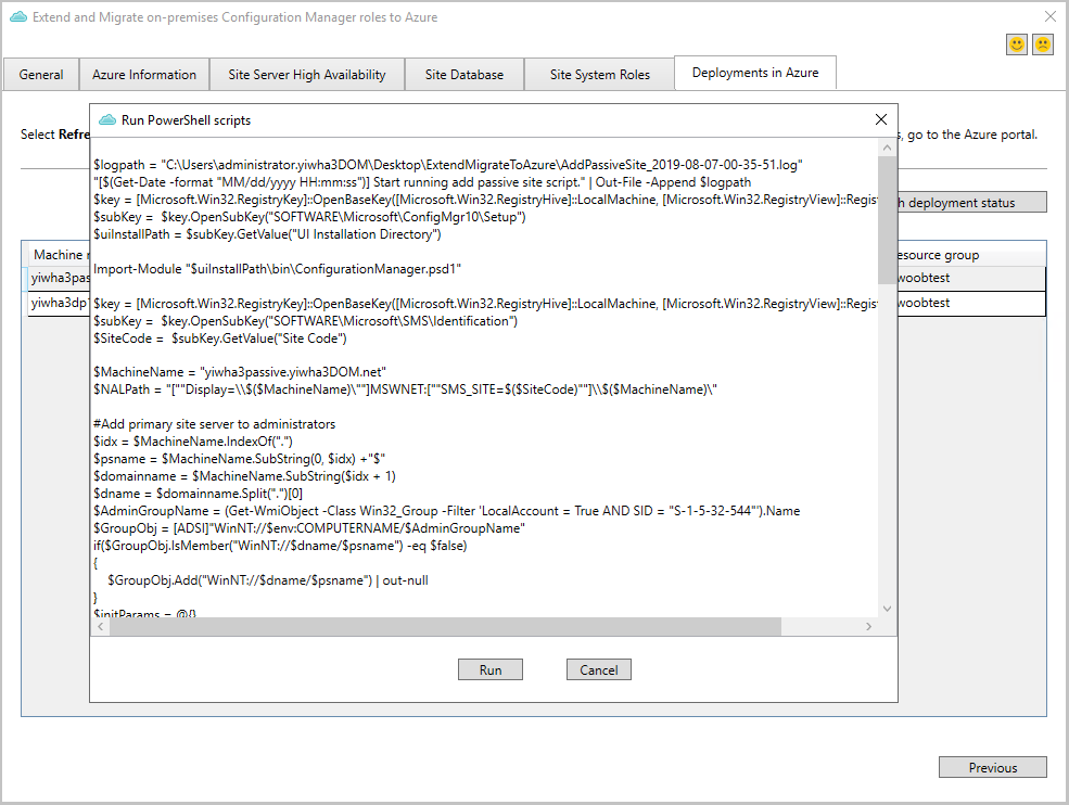 Implementación de roles de sitio mediante la ejecución del script de PowerShell generado