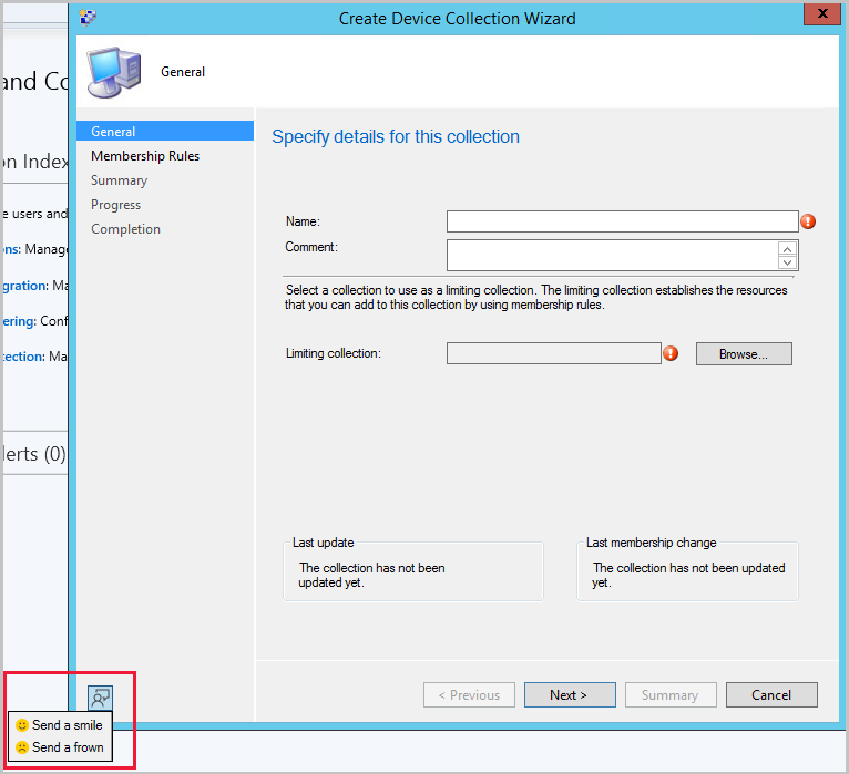 Captura de pantalla del Asistente para crear recopilación de dispositivos. El icono de comentarios se describe en rojo en la esquina inferior izquierda del asistente.