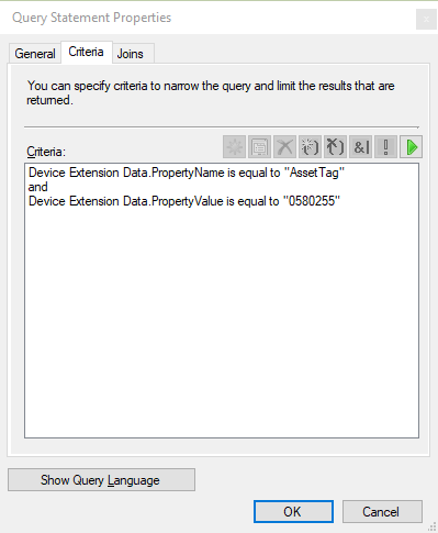 Instrucción query ventana Propiedades con ambos criterios de datos de extensión de dispositivo