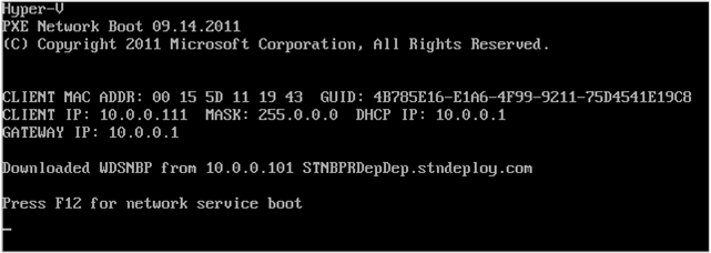 Pantalla PXE de BIOS de ejemplo de una máquina virtual de Hyper-V.