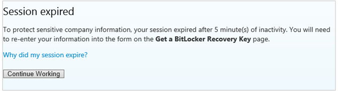 Página expirada de la sesión del portal de autoservicio de BitLocker