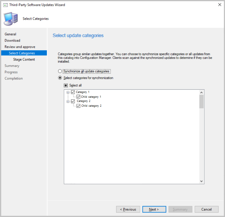 Seleccione categorías de actualización para sincronizarlas en Configuration Manager