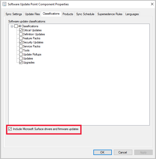 Habilitación de controladores de Surface desde las propiedades del punto de actualización de software