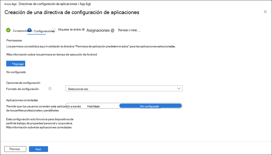 Captura de pantalla de la directiva de configuración: Configuración