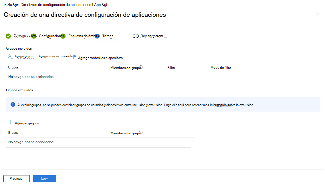 Captura de pantalla de la página de asignaciones de directivas de configuración