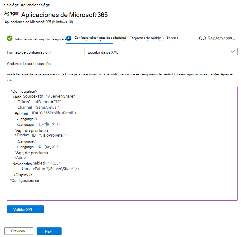 Captura de pantalla: Agregar Microsoft 365 - Diseñador de configuración: ejemplo XML.