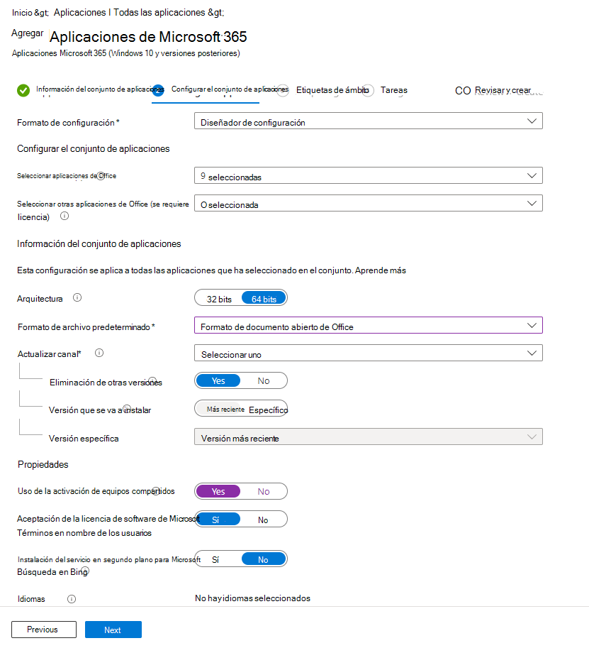 Captura de pantalla: Agregar Aplicaciones Microsoft 365: Diseñador de configuración.