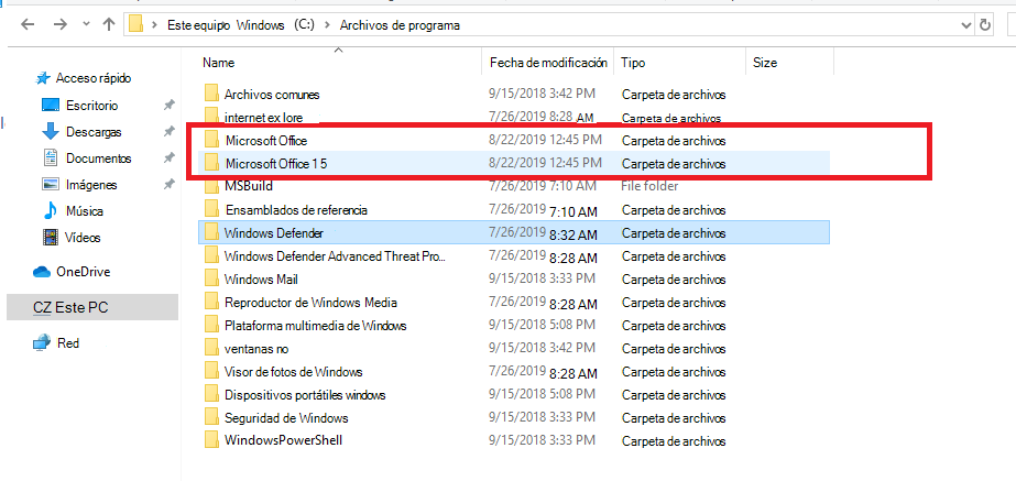 Paquetes de instalación de Office en el directorio Archivos de programa