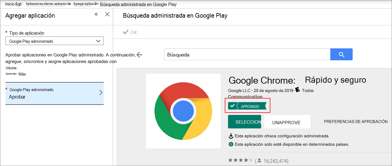 Búsqueda y aprobación de Google Chrome