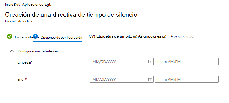 Captura de pantalla de la Microsoft Intune hora tranquila: configurar la directiva de intervalo de fechas